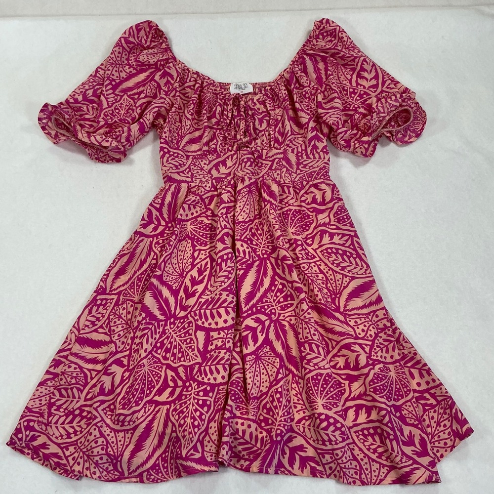Sienna Sky Pink Tropical Leaf Puff Sleeve Smocked Mini Dress XS 02CDR2034